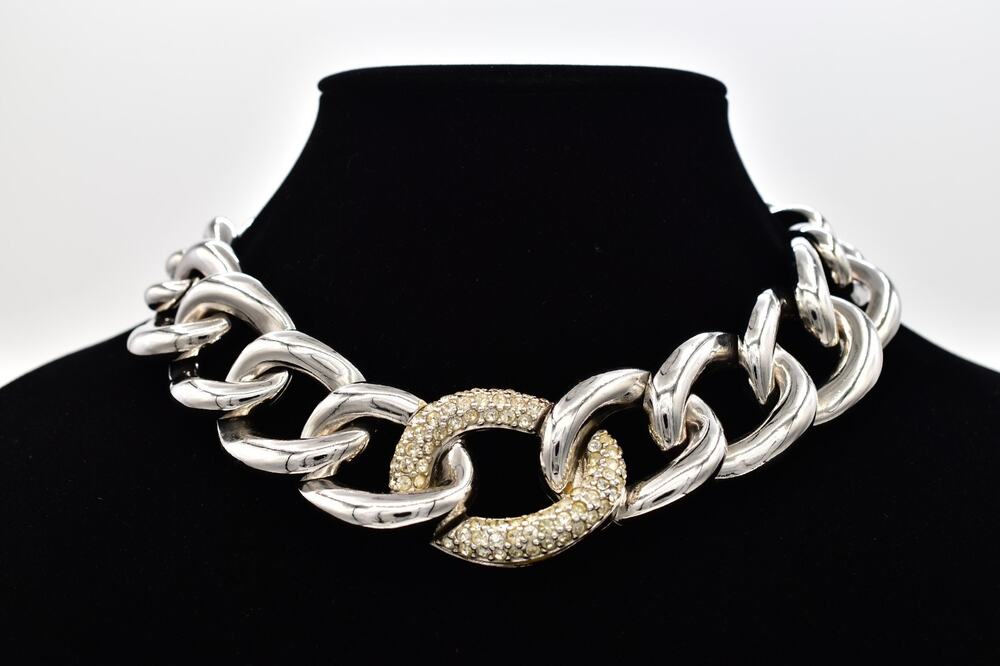 Givenchy Vintage Silver Chunky Chain Necklace Crystal Heavy Signed 1980s BinBM